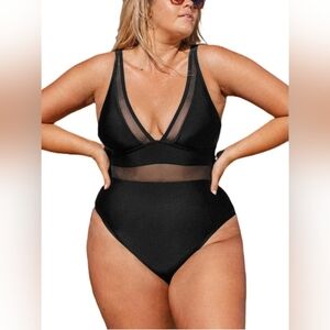Cupshe 0X Black One Piece Swimsuit Plunge V Neck Mesh Panel‎ High Waist